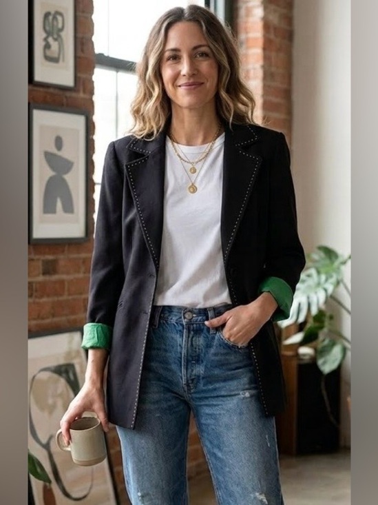 Planet Jackets & Blazers - Vintage Black Women's Tailored Blazer with Green Lining and Cuff Detail